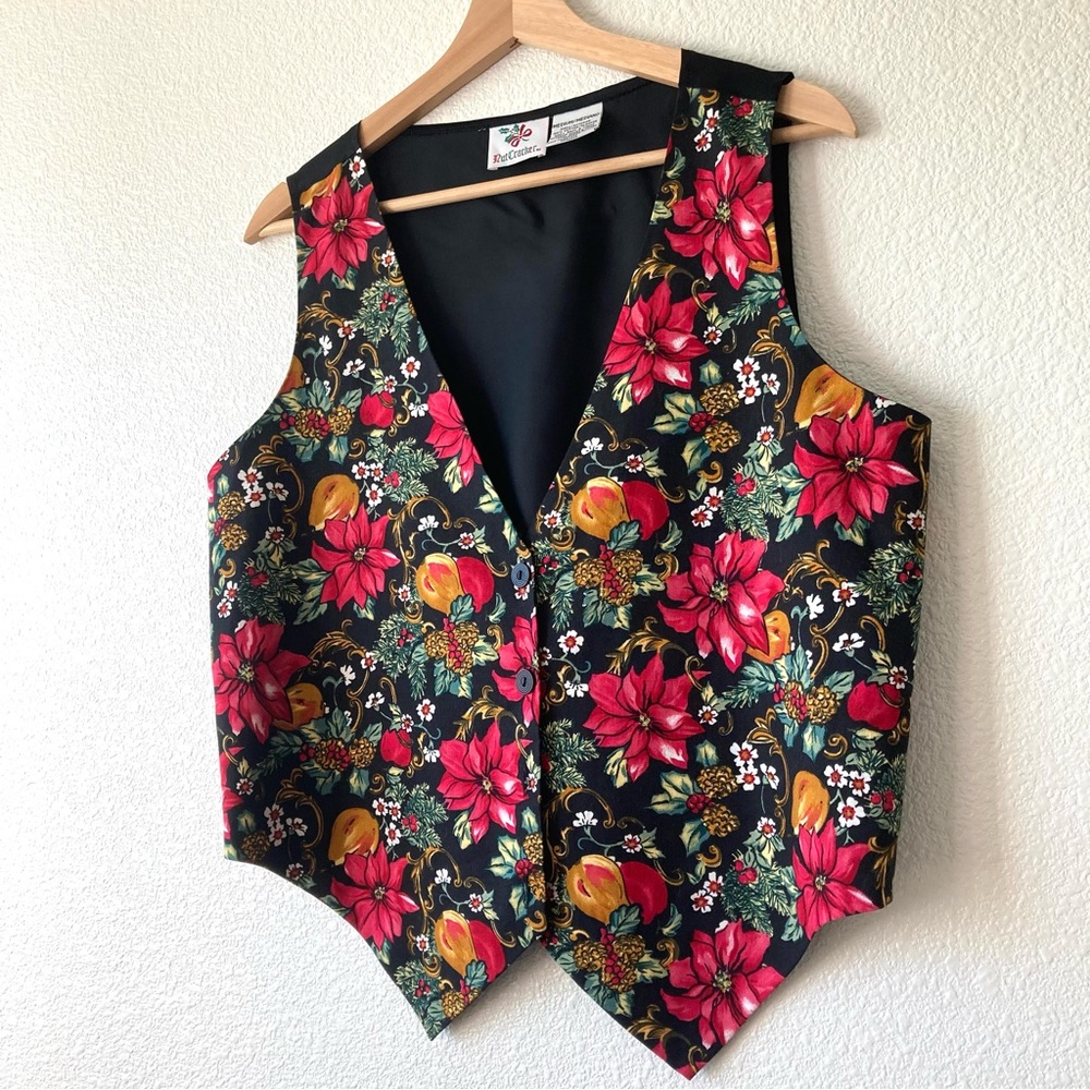 Vintage Boho Vest Novelty Christmas Holiday Floral Medium Black Red Cottagecore - Picture 2 of 16